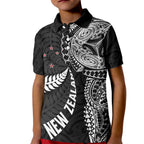 Aotearoa Volleyball Custom Kid Polo Shirt Silver Ferns and Maori Tribal Black