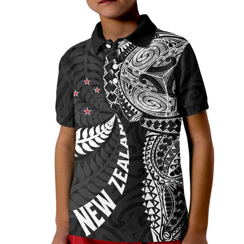 Aotearoa Volleyball Custom Kid Polo Shirt Silver Ferns and Maori Tribal Black