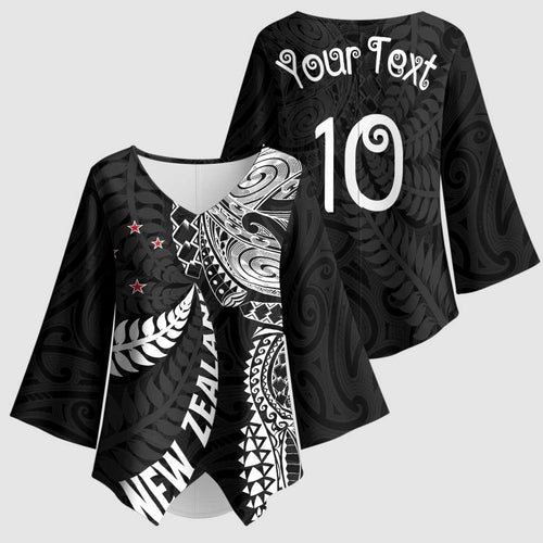 Aotearoa Volleyball Custom Kimono Sleeve Blouse Silver Ferns and Maori Tribal Black