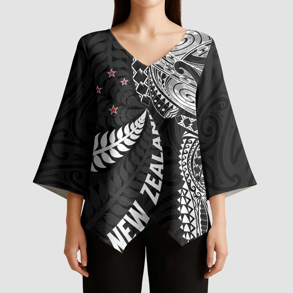 Aotearoa Volleyball Custom Kimono Sleeve Blouse Silver Ferns and Maori Tribal Black