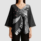 Aotearoa Volleyball Custom Kimono Sleeve Blouse Silver Ferns and Maori Tribal Black