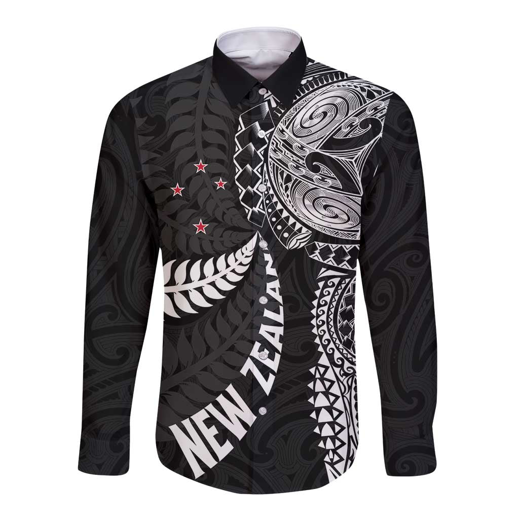 Aotearoa Volleyball Custom Long Sleeve Button Shirt Silver Ferns and Maori Tribal Black
