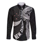 Aotearoa Volleyball Custom Long Sleeve Button Shirt Silver Ferns and Maori Tribal Black