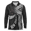 Aotearoa Volleyball Custom Long Sleeve Polo Shirt Silver Ferns and Maori Tribal Black