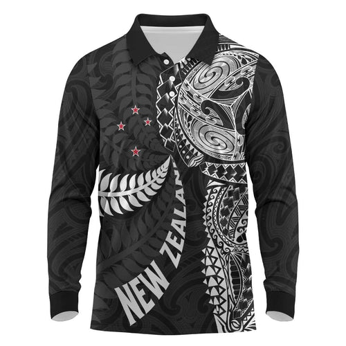 Aotearoa Volleyball Custom Long Sleeve Polo Shirt Silver Ferns and Maori Tribal Black