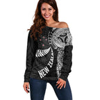 Aotearoa Volleyball Custom Off Shoulder Sweater Silver Ferns and Maori Tribal Black