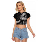 Aotearoa Volleyball Custom Raglan Cropped T Shirt Silver Ferns and Maori Tribal Black