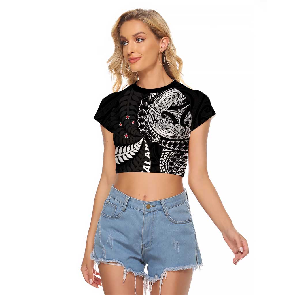 Aotearoa Volleyball Custom Raglan Cropped T Shirt Silver Ferns and Maori Tribal Black
