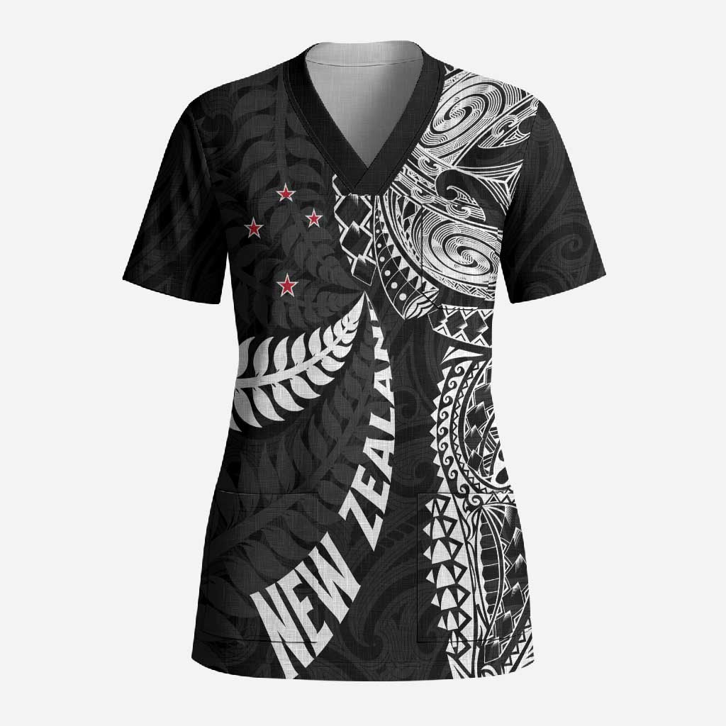 Aotearoa Volleyball Custom Scrub Top Silver Ferns and Maori Tribal Black