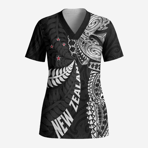 Aotearoa Volleyball Custom Scrub Top Silver Ferns and Maori Tribal Black