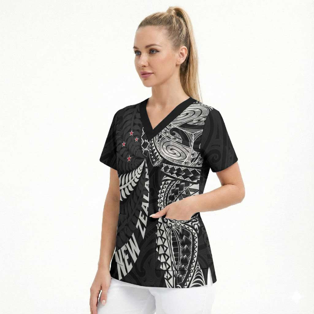 Aotearoa Volleyball Custom Scrub Top Silver Ferns and Maori Tribal Black