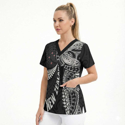 Aotearoa Volleyball Custom Scrub Top Silver Ferns and Maori Tribal Black