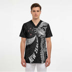 Aotearoa Volleyball Custom Scrub Top Silver Ferns and Maori Tribal Black