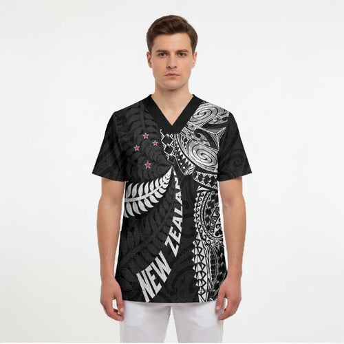 Aotearoa Volleyball Custom Scrub Top Silver Ferns and Maori Tribal Black