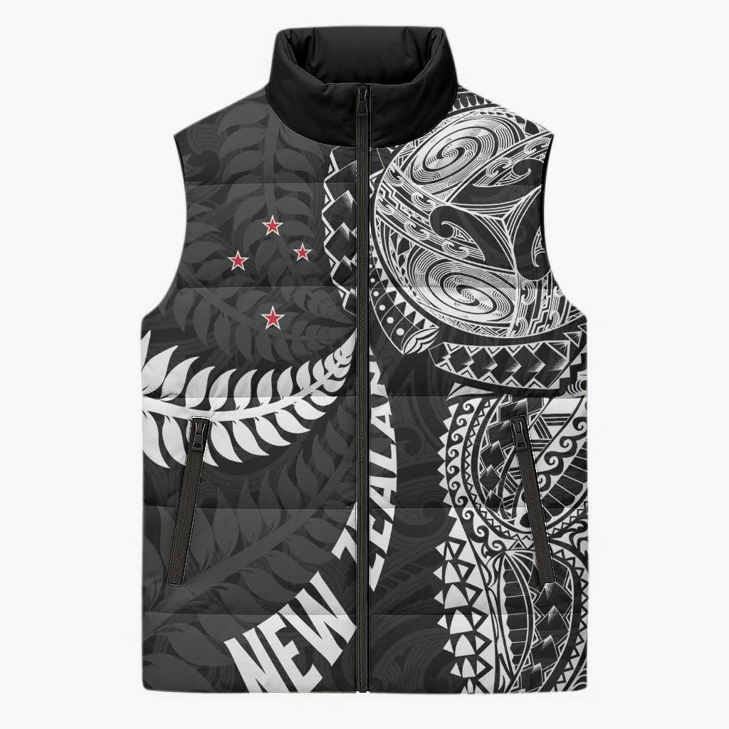 Aotearoa Volleyball Custom Sleeveless Puffer Jacket Silver Ferns and Maori Tribal Black