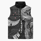 Aotearoa Volleyball Custom Sleeveless Puffer Jacket Silver Ferns and Maori Tribal Black