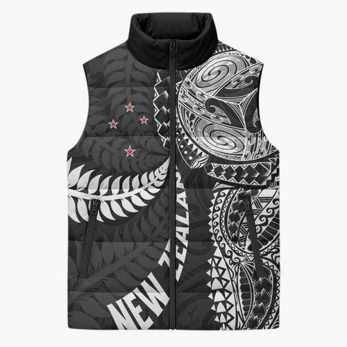 Aotearoa Volleyball Custom Sleeveless Puffer Jacket Silver Ferns and Maori Tribal Black