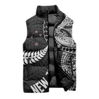 Aotearoa Volleyball Custom Sleeveless Puffer Jacket Silver Ferns and Maori Tribal Black