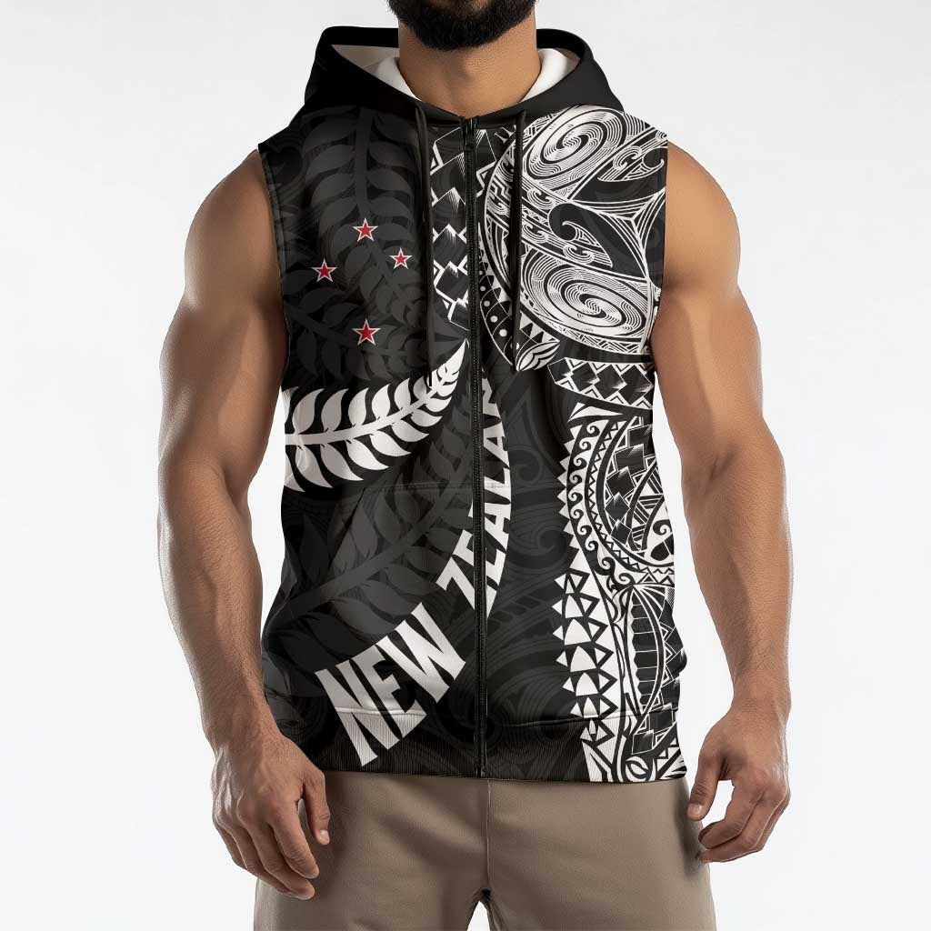 Aotearoa Volleyball Custom Sleeveless Zip Hoodie Silver Ferns and Maori Tribal Black