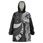 Aotearoa Volleyball Custom Wearable Blanket Hoodie Silver Ferns and Maori Tribal Black