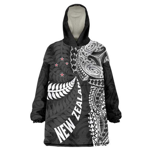 Aotearoa Volleyball Custom Wearable Blanket Hoodie Silver Ferns and Maori Tribal Black
