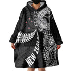 Aotearoa Volleyball Custom Wearable Blanket Hoodie Silver Ferns and Maori Tribal Black