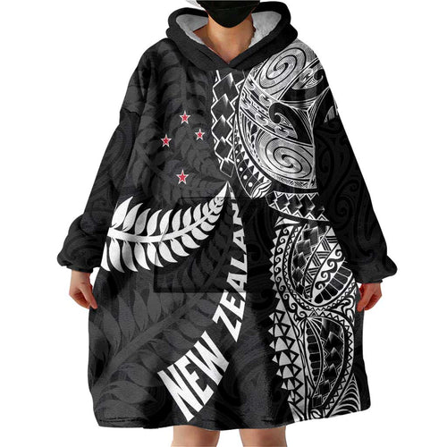 Aotearoa Volleyball Custom Wearable Blanket Hoodie Silver Ferns and Maori Tribal Black