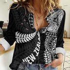 Aotearoa Volleyball Custom Women Casual Shirt Silver Ferns and Maori Tribal Black