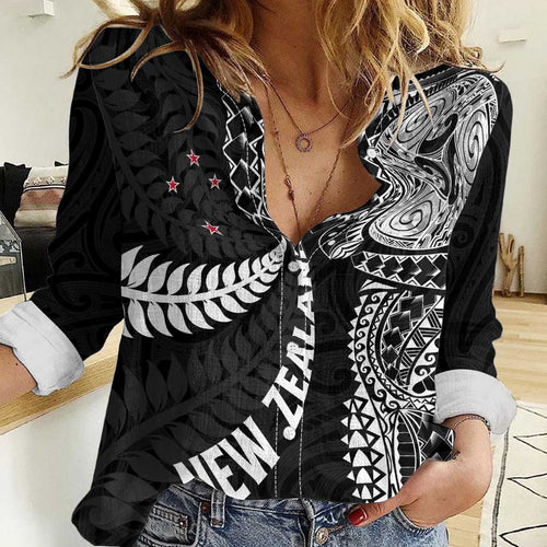 Aotearoa Volleyball Custom Women Casual Shirt Silver Ferns and Maori Tribal Black