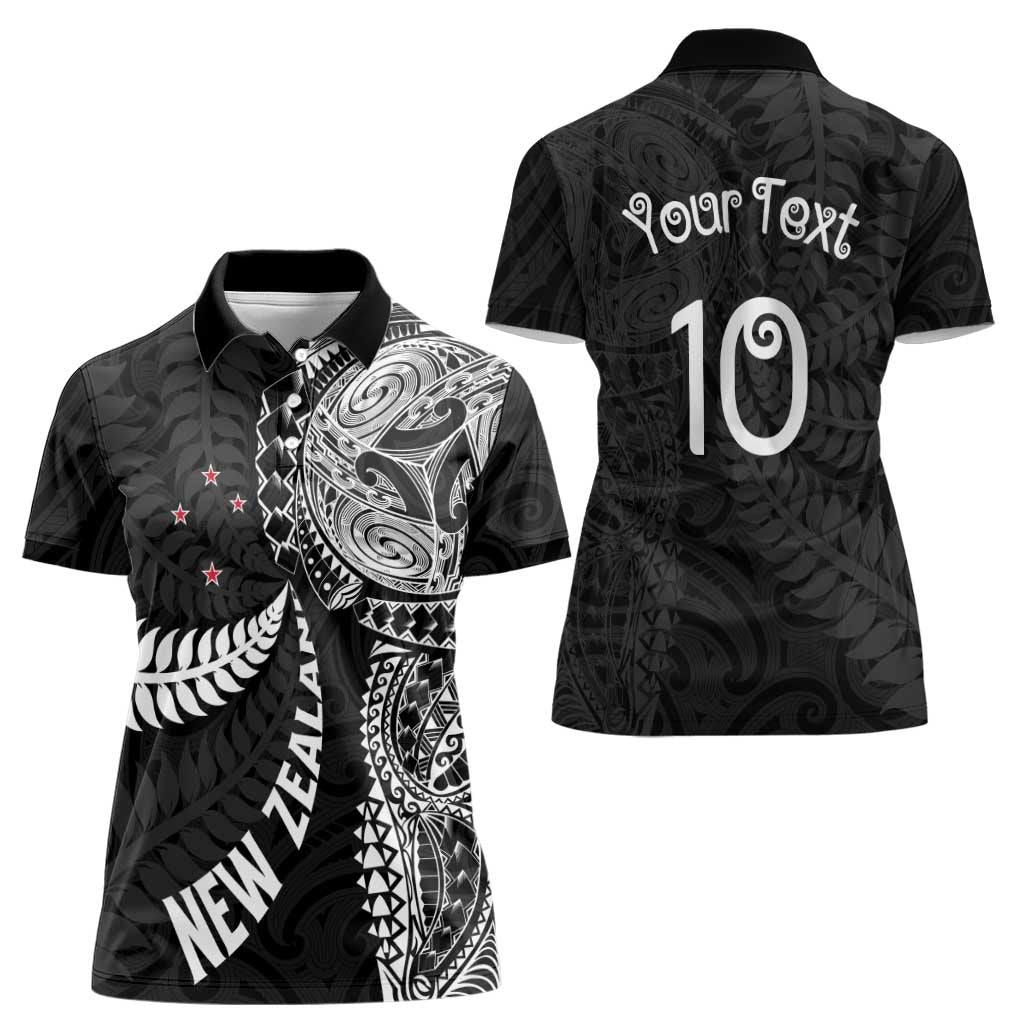 Aotearoa Volleyball Custom Women Polo Shirt Silver Ferns and Maori Tribal Black