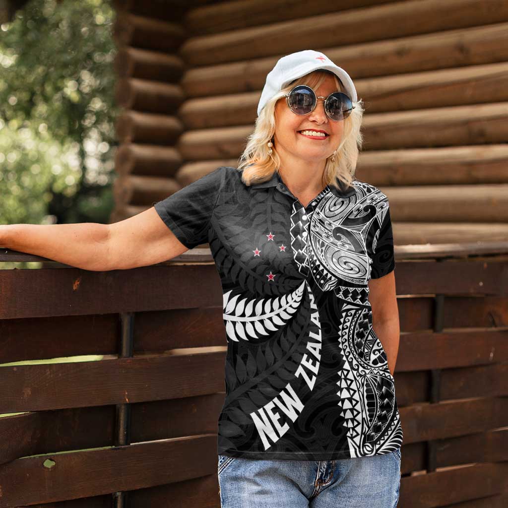 Aotearoa Volleyball Custom Women Polo Shirt Silver Ferns and Maori Tribal Black