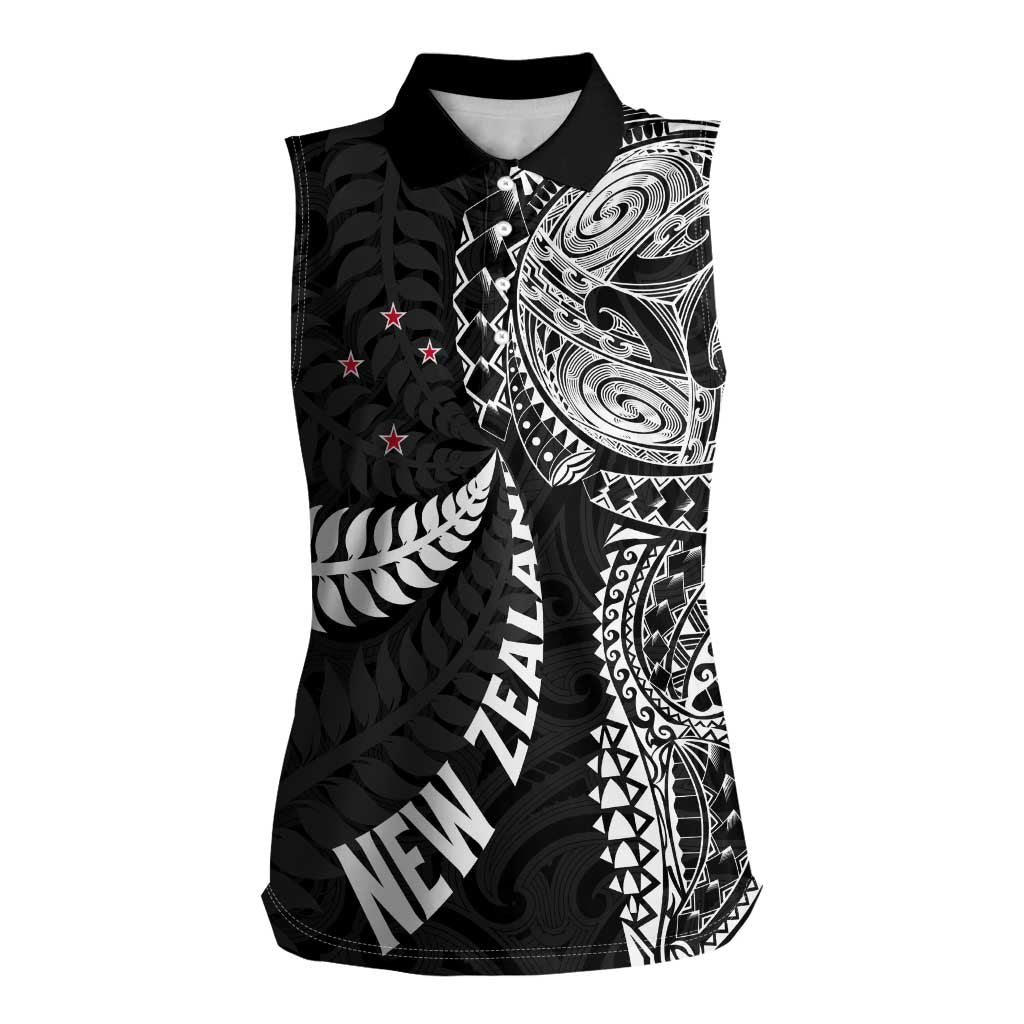Aotearoa Volleyball Custom Women Sleeveless Polo Shirt Silver Ferns and Maori Tribal Black