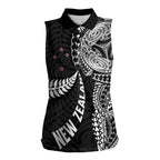 Aotearoa Volleyball Custom Women Sleeveless Polo Shirt Silver Ferns and Maori Tribal Black