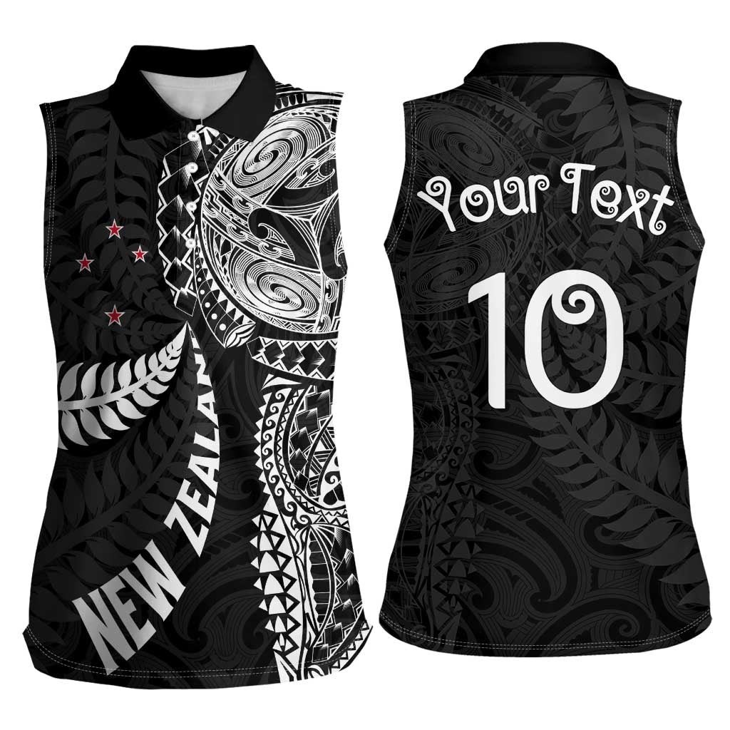 Aotearoa Volleyball Custom Women Sleeveless Polo Shirt Silver Ferns and Maori Tribal Black