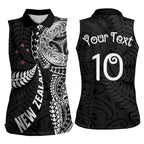 Aotearoa Volleyball Custom Women Sleeveless Polo Shirt Silver Ferns and Maori Tribal Black
