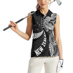 Aotearoa Volleyball Custom Women Sleeveless Polo Shirt Silver Ferns and Maori Tribal Black
