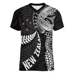 Aotearoa Volleyball Custom Women V-Neck T-Shirt Silver Ferns and Maori Tribal Black
