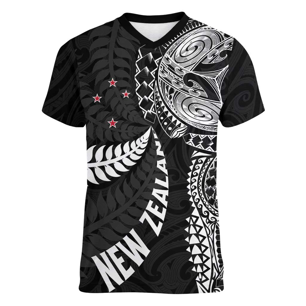 Aotearoa Volleyball Custom Women V-Neck T-Shirt Silver Ferns and Maori Tribal Black