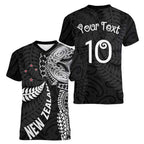 Aotearoa Volleyball Custom Women V-Neck T-Shirt Silver Ferns and Maori Tribal Black