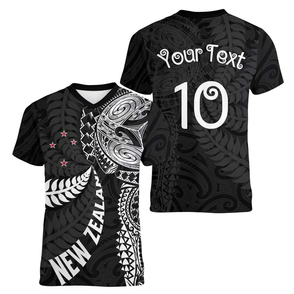Aotearoa Volleyball Custom Women V-Neck T-Shirt Silver Ferns and Maori Tribal Black