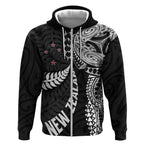 Aotearoa Volleyball Custom Zip Hoodie Silver Ferns and Maori Tribal Black