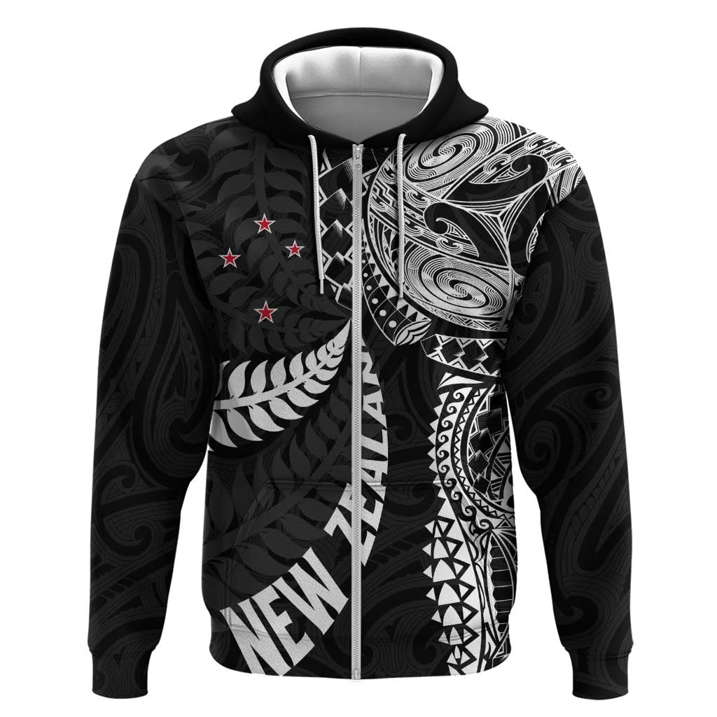 Aotearoa Volleyball Custom Zip Hoodie Silver Ferns and Maori Tribal Black