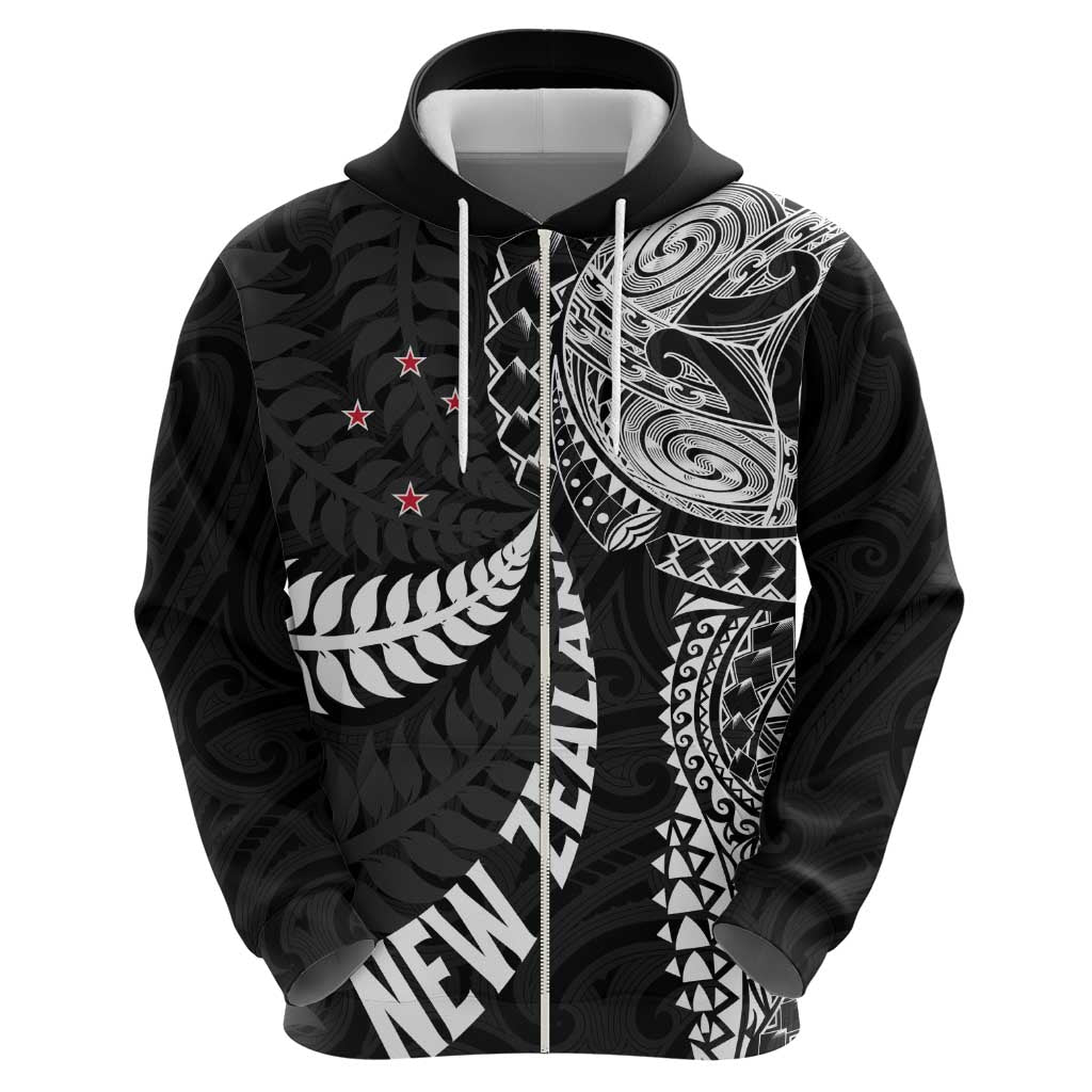 Aotearoa Volleyball Custom Zip Hoodie Silver Ferns and Maori Tribal Black