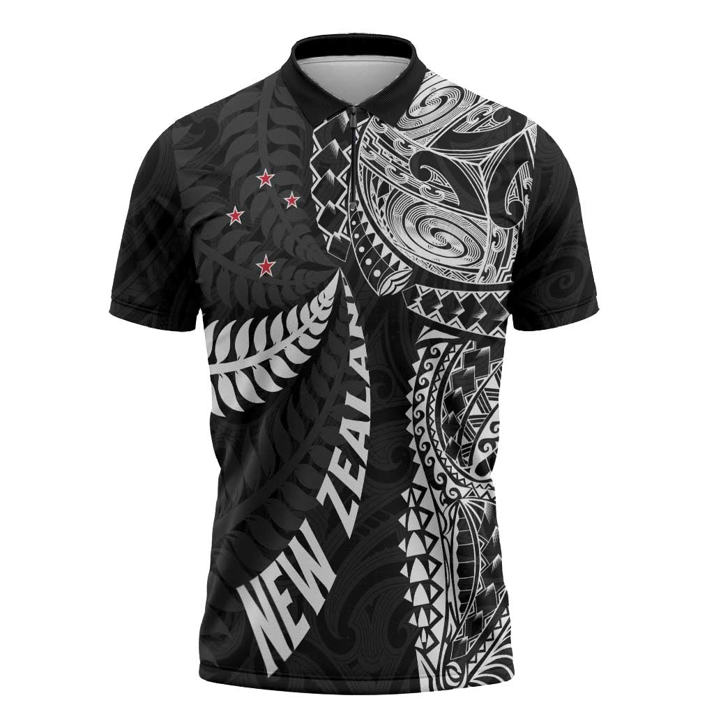 Aotearoa Volleyball Custom Zipper Polo Shirt Silver Ferns and Maori Tribal Black