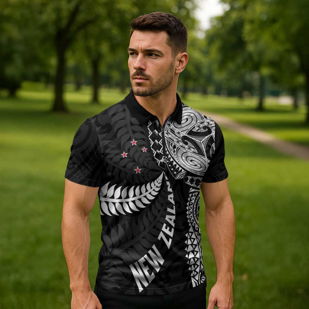 Aotearoa Volleyball Custom Zipper Polo Shirt Silver Ferns and Maori Tribal Black