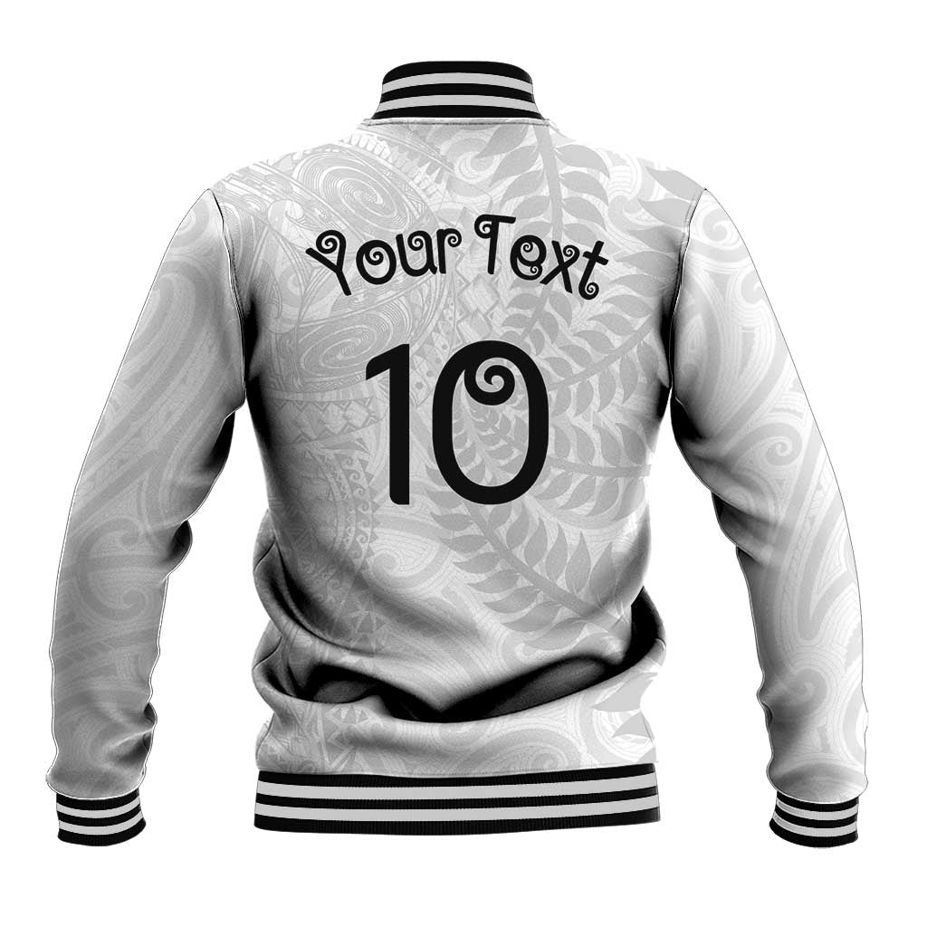 Aotearoa Volleyball Custom Baseball Jacket Silver Ferns and Maori Tribal White