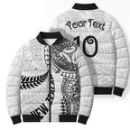 Aotearoa Volleyball Custom Bomber Puffer Jacket Silver Ferns and Maori Tribal White
