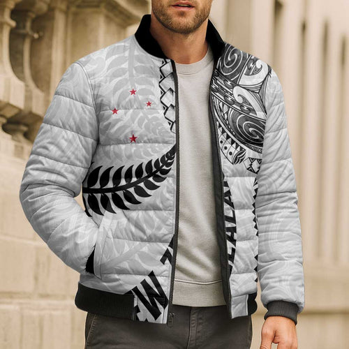 Aotearoa Volleyball Custom Bomber Puffer Jacket Silver Ferns and Maori Tribal White