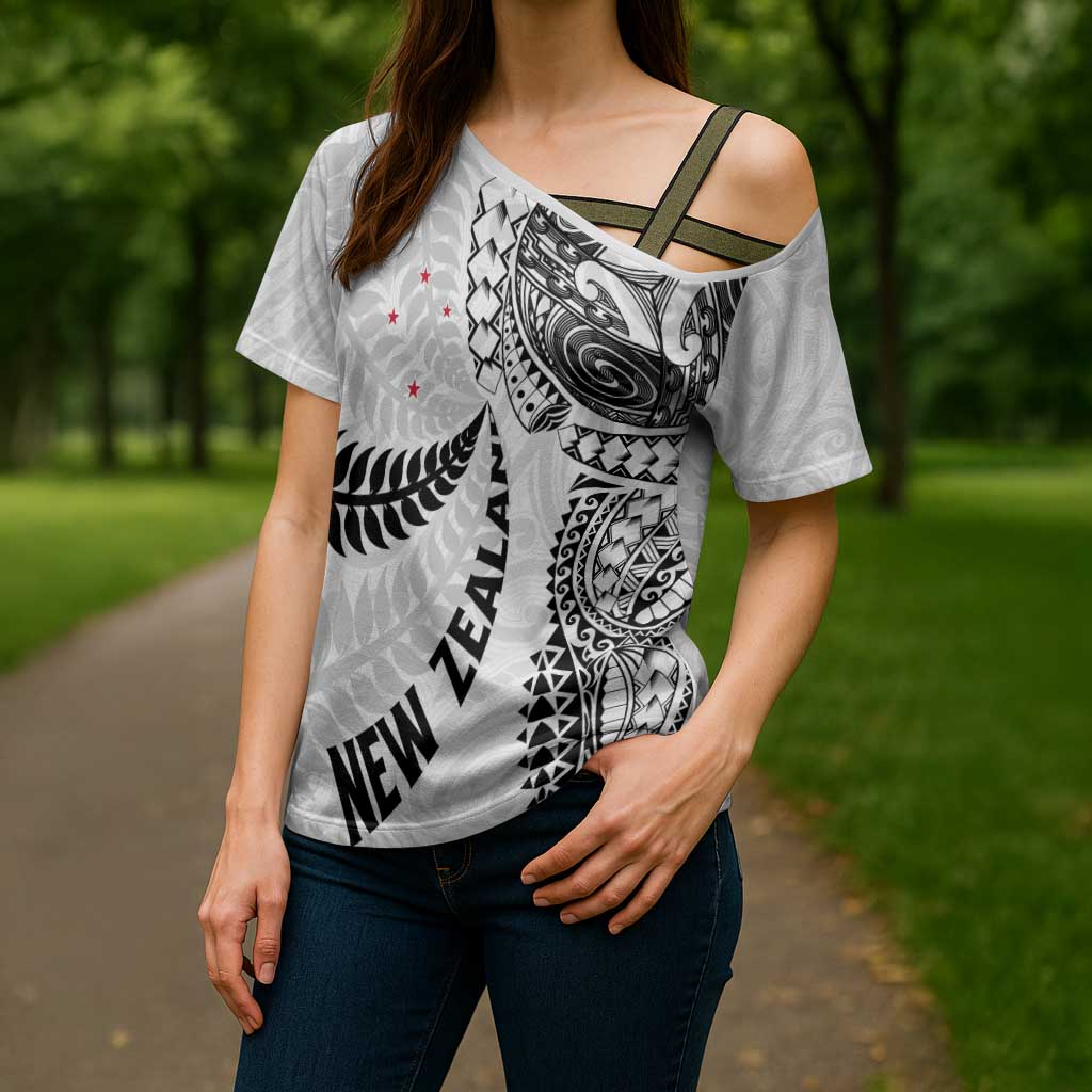 Aotearoa Volleyball Custom Cross Shoulder Shirt Silver Ferns and Maori Tribal White
