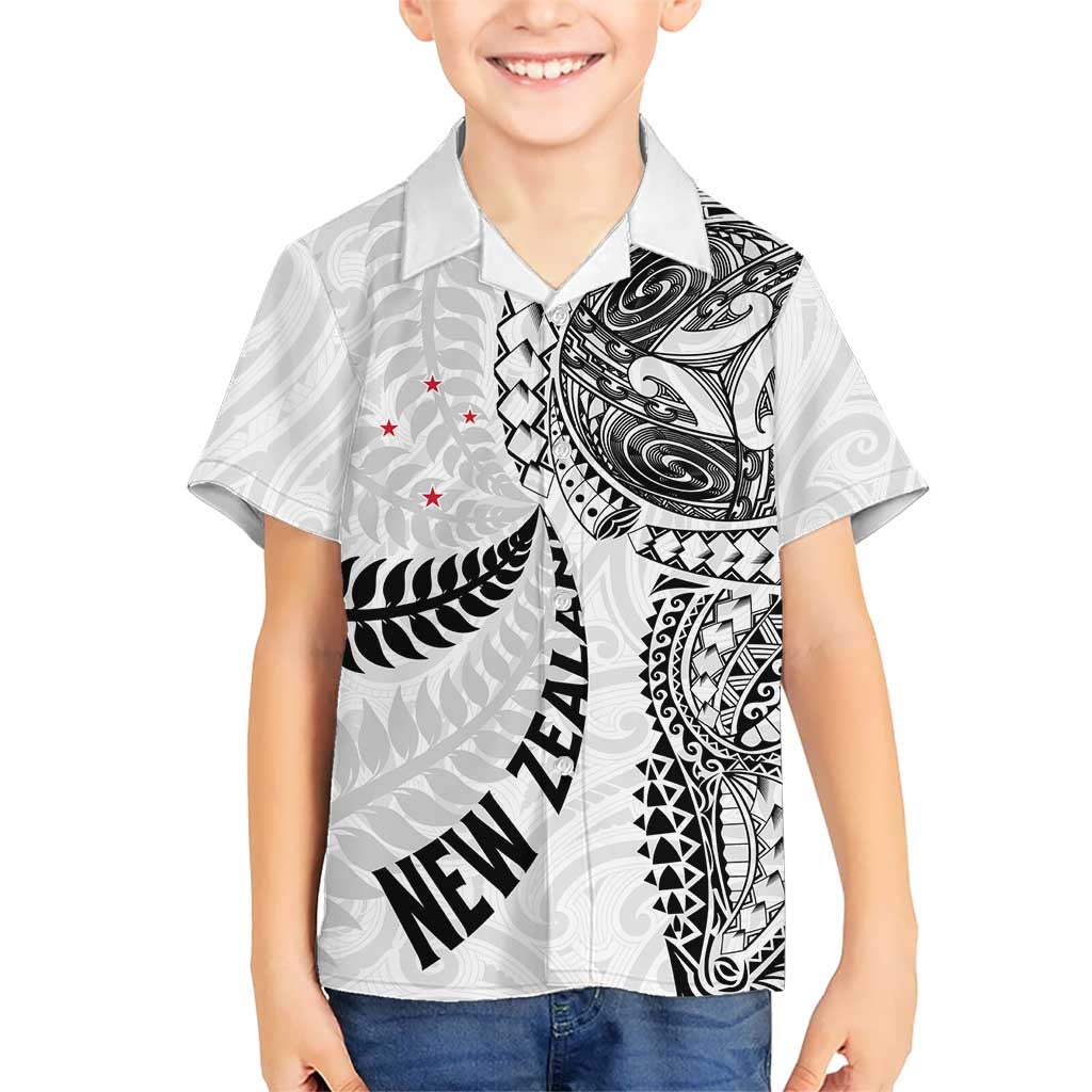 Aotearoa Volleyball Custom Kid Hawaiian Shirt Silver Ferns and Maori Tribal White